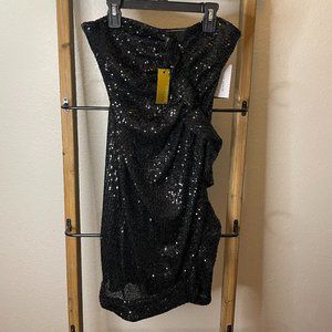 Strapless Black Sequin Ruffle Sheath Dress